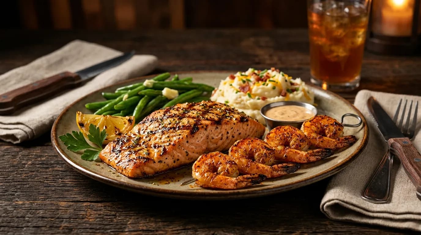 7 oz. LongHorn Salmon* with 8 ct. Redrock Grilled Shrimp - Grill Master Combos 7 oz. LongHorn Salmon* with 8 ct. Redrock Grilled Shrimp - Grill Master Combos at LongHorn Steakhouse